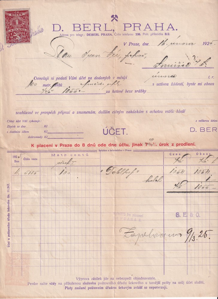 Účet, Pekař, Jan Vír, Praha, 1925