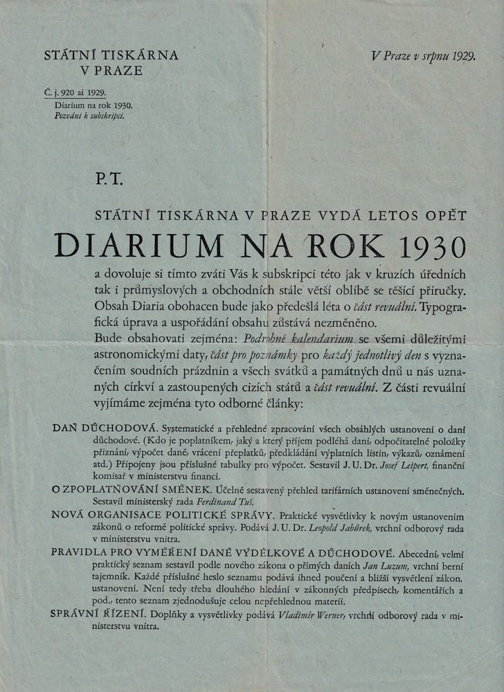 Leták, Diarium na rok 1930, v Praze, 1929