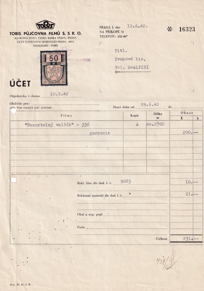 Účet, Tobis půjčovna filmů, Praha, 1942