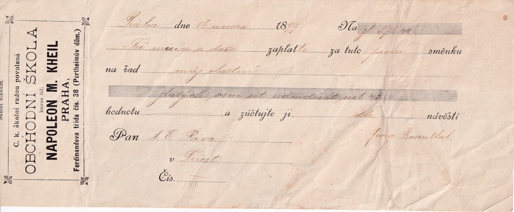 Účet, Obchodní škola, směnka, Praha, 1899