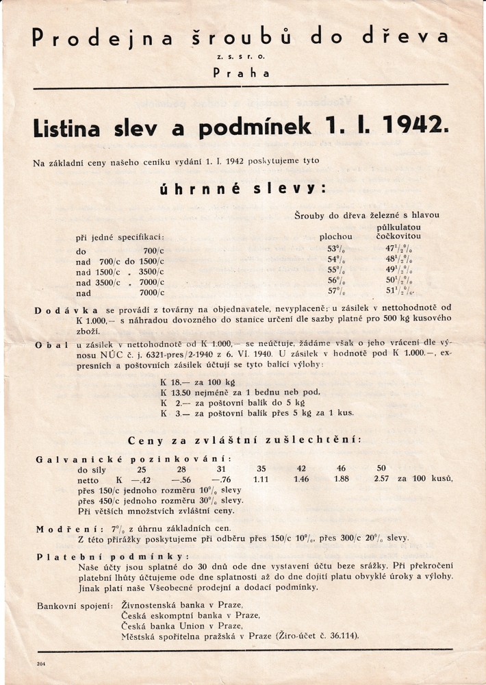 Leták, Prodejna šroubů do dřeva, Praha, 1942