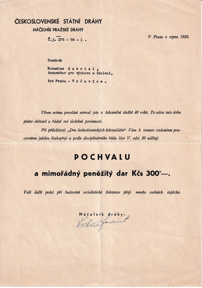 Účet, ČSL Státní dráhy, Praha, 1958