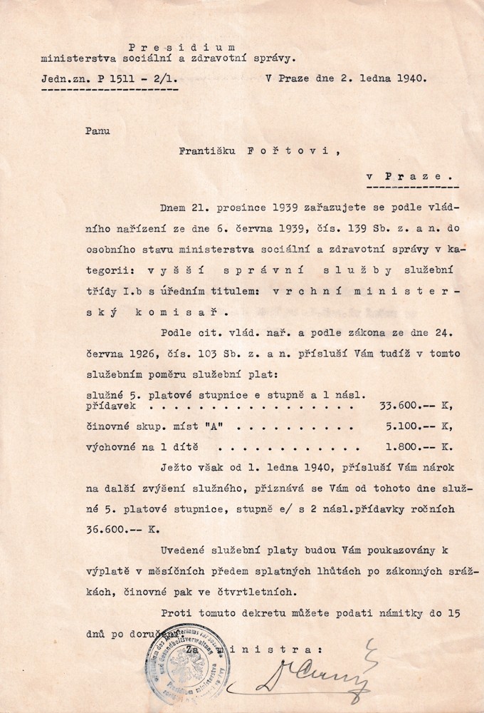 Účet, Ministerstvo soc. a zdr. správy, Praha, 1940