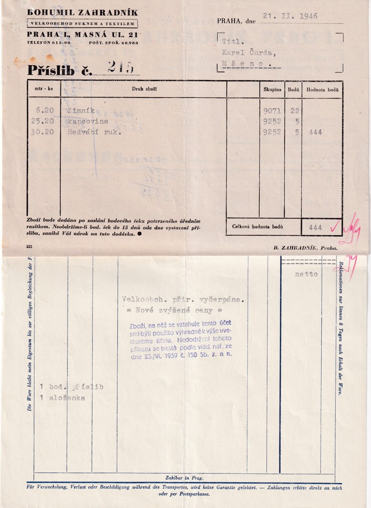 Účet, Velkoobchod suknem a textilem, Praha, 1946