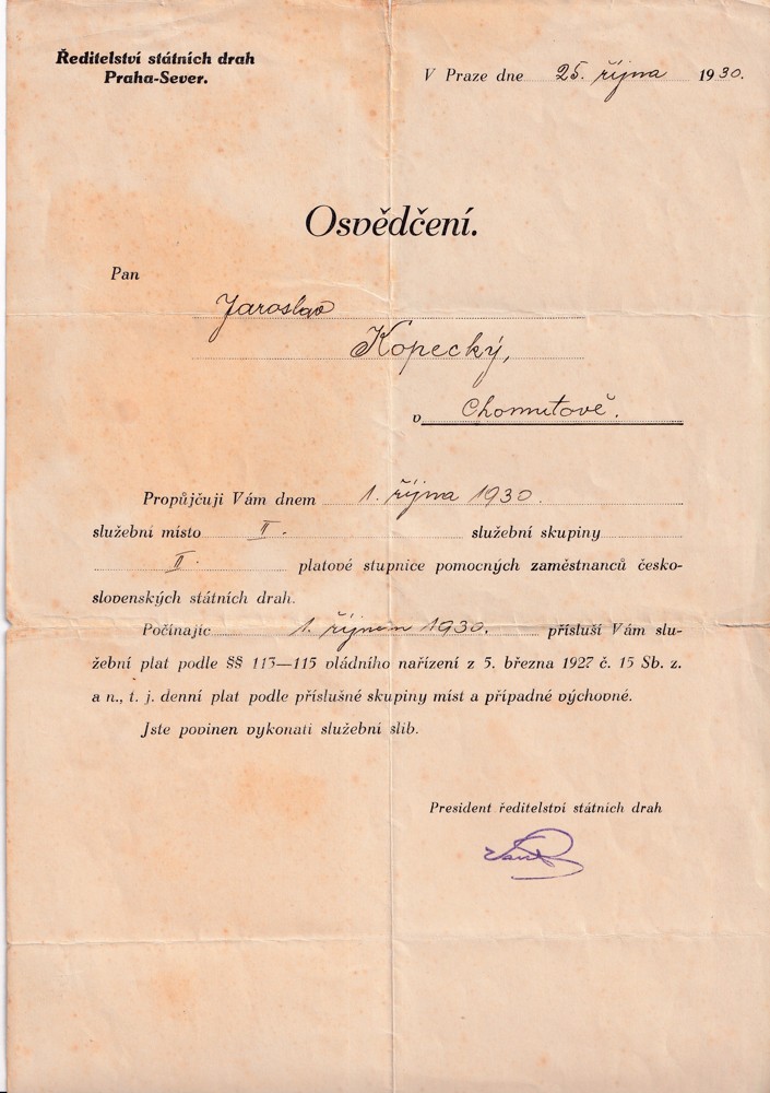 Účet, Ředitelství st. drah, Osvědčení, Praha, 1930