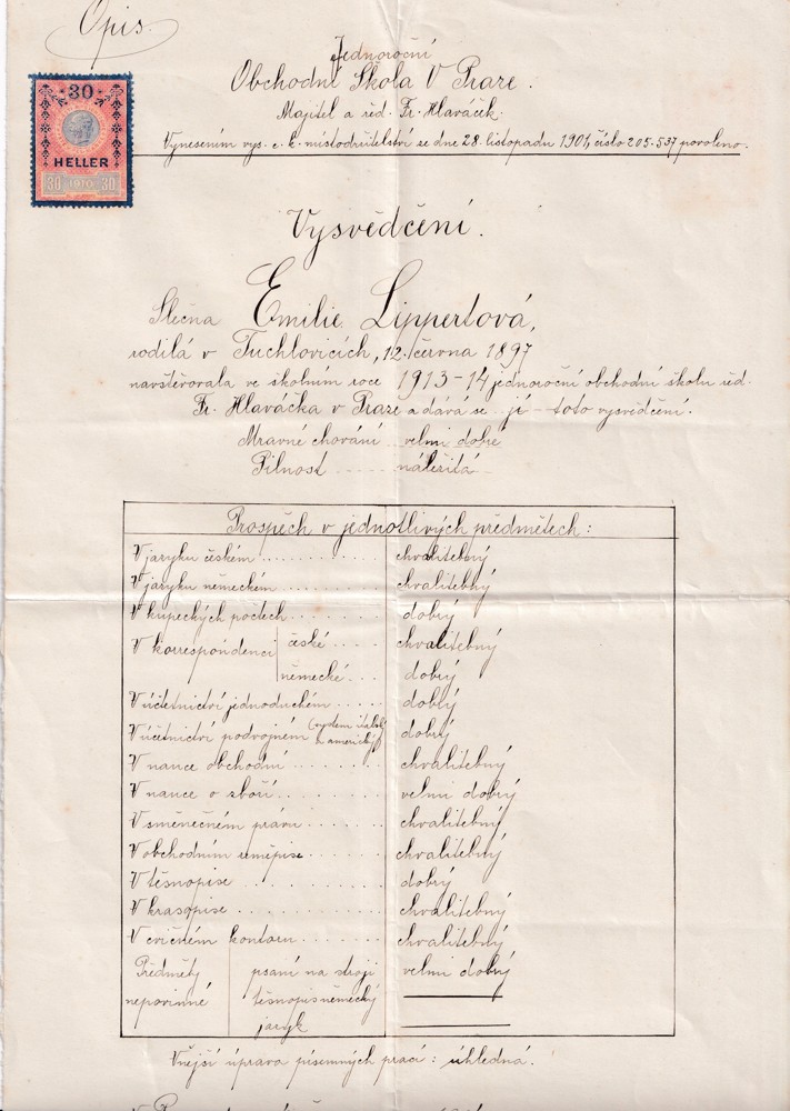 Účet, Vysvědčení, opis, Obchodní škola, Praha, 1914