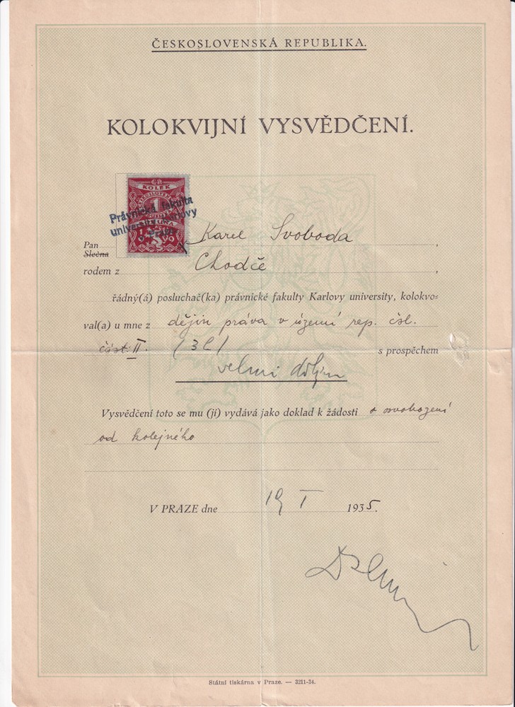 Účet, Kolokvijní vysvědčení, Praha, 1935