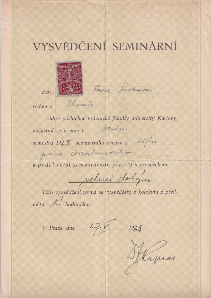 Účet, Vysvědčení seminární, Praha, 1935