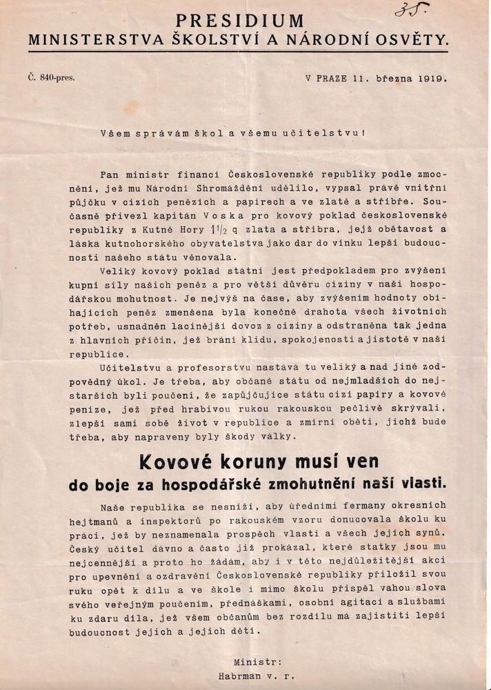 Leták, Minister. školství a národní osvěty, Praha, 1919