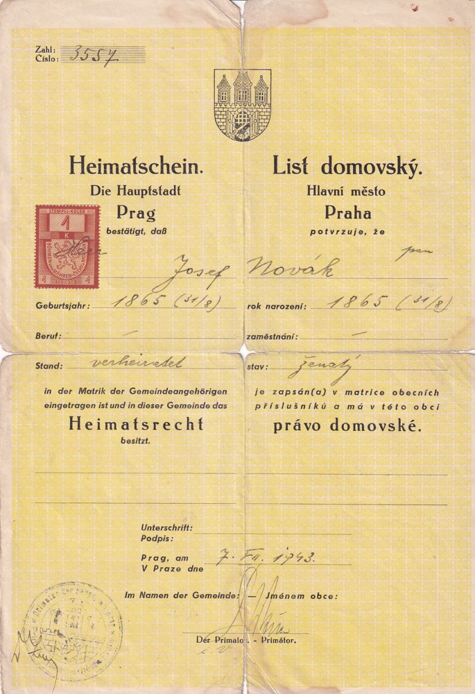 Účet, List domovský, Praha, 1943