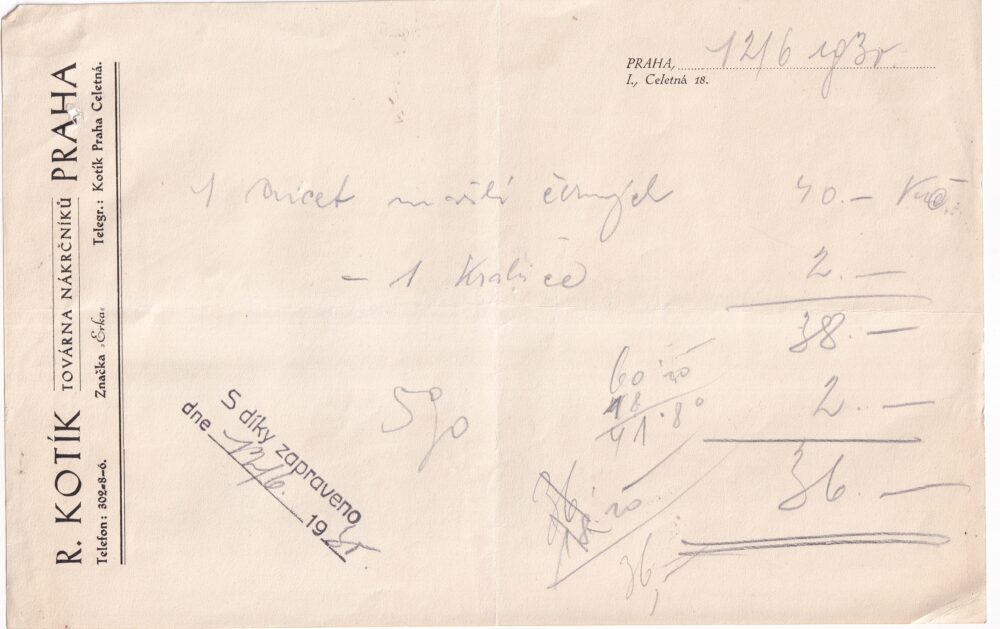 Účet, Továrna nákrčníků, R. Kotík, Praha