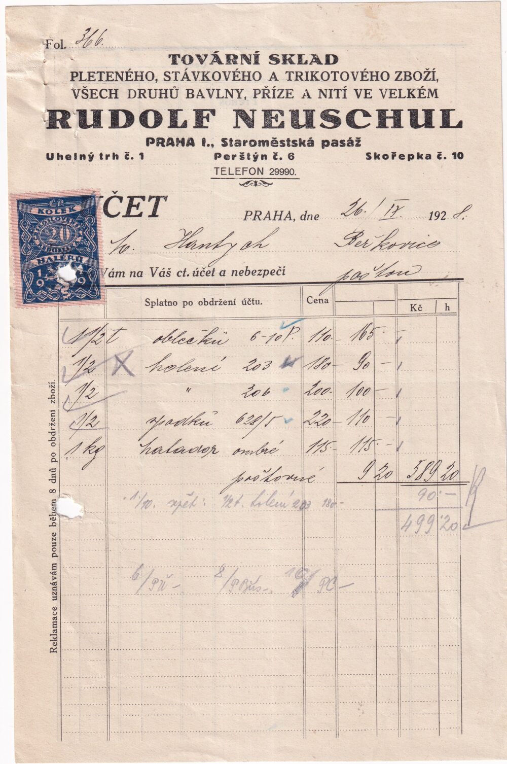 Účet, Tovární sklad, Rudolf Nuschul, 1928