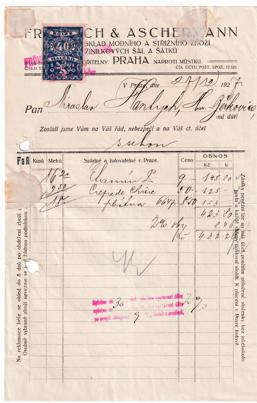 Účet, Módní a střižní zboží, Praha, 1924