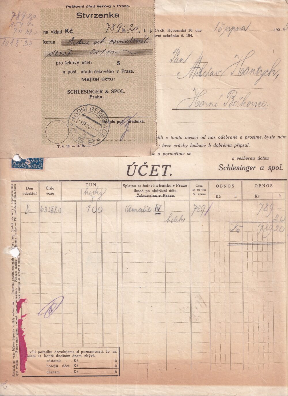 Účet, Stvrzenka, Praha, 1925