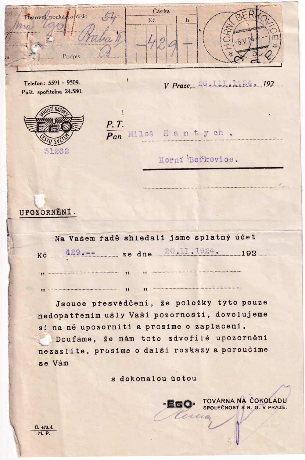 Účet, Továrna na čokoládu, Ego, 1924