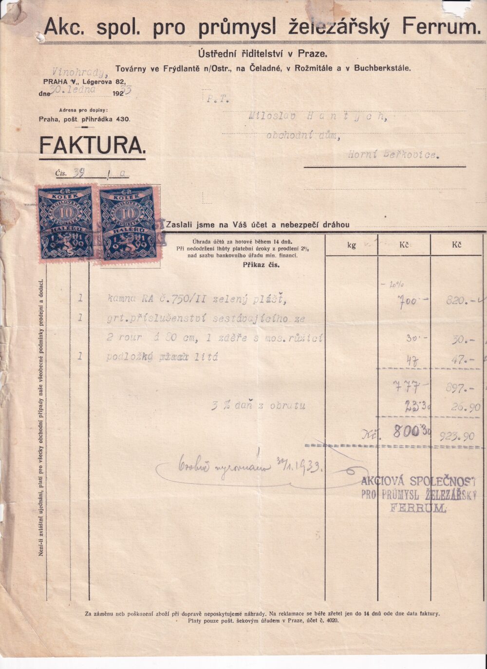 Účet, Obchodní dům, železářství, Praha, 1933