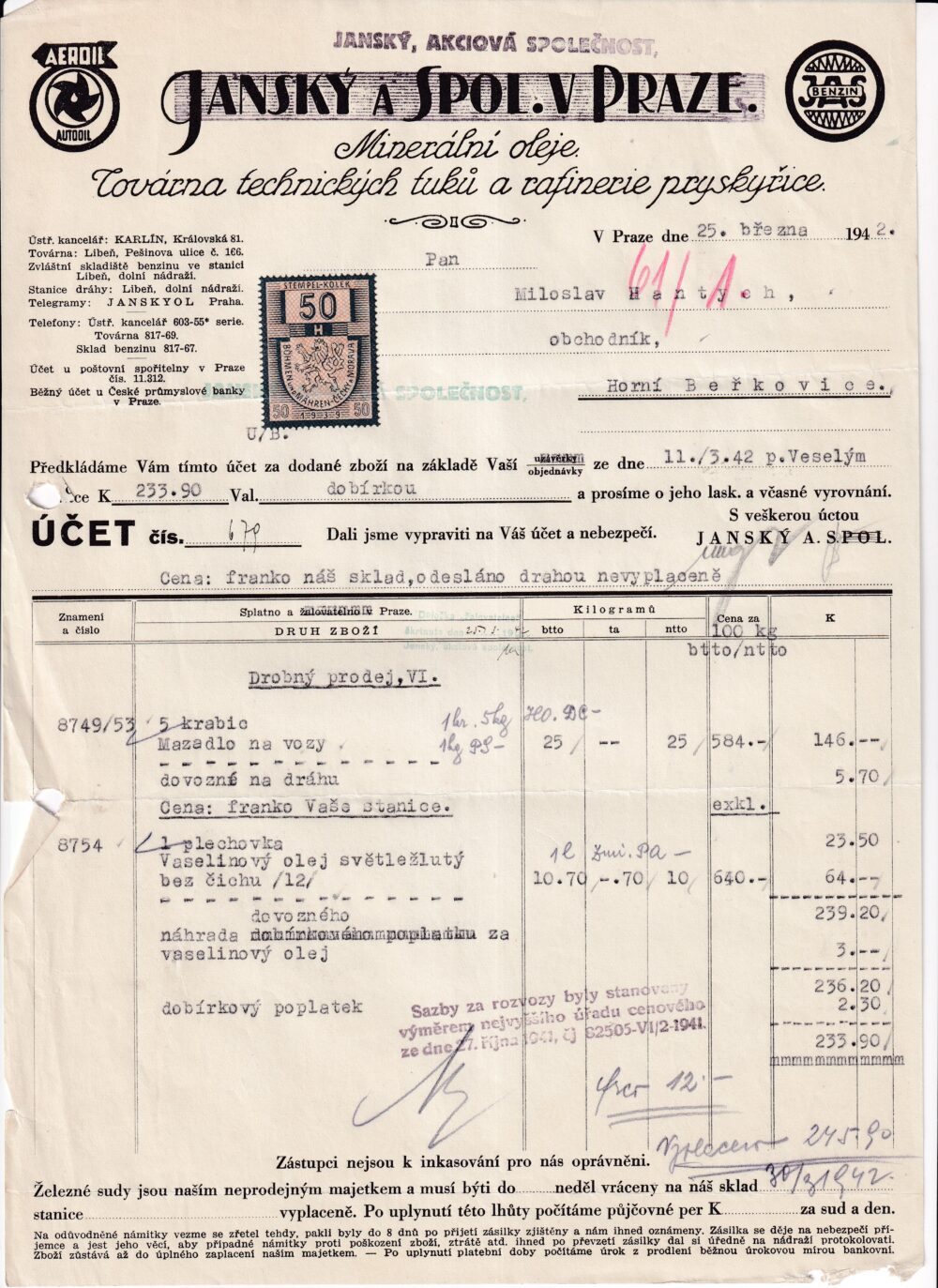Účet, Minerální oleje, Praha, 1942