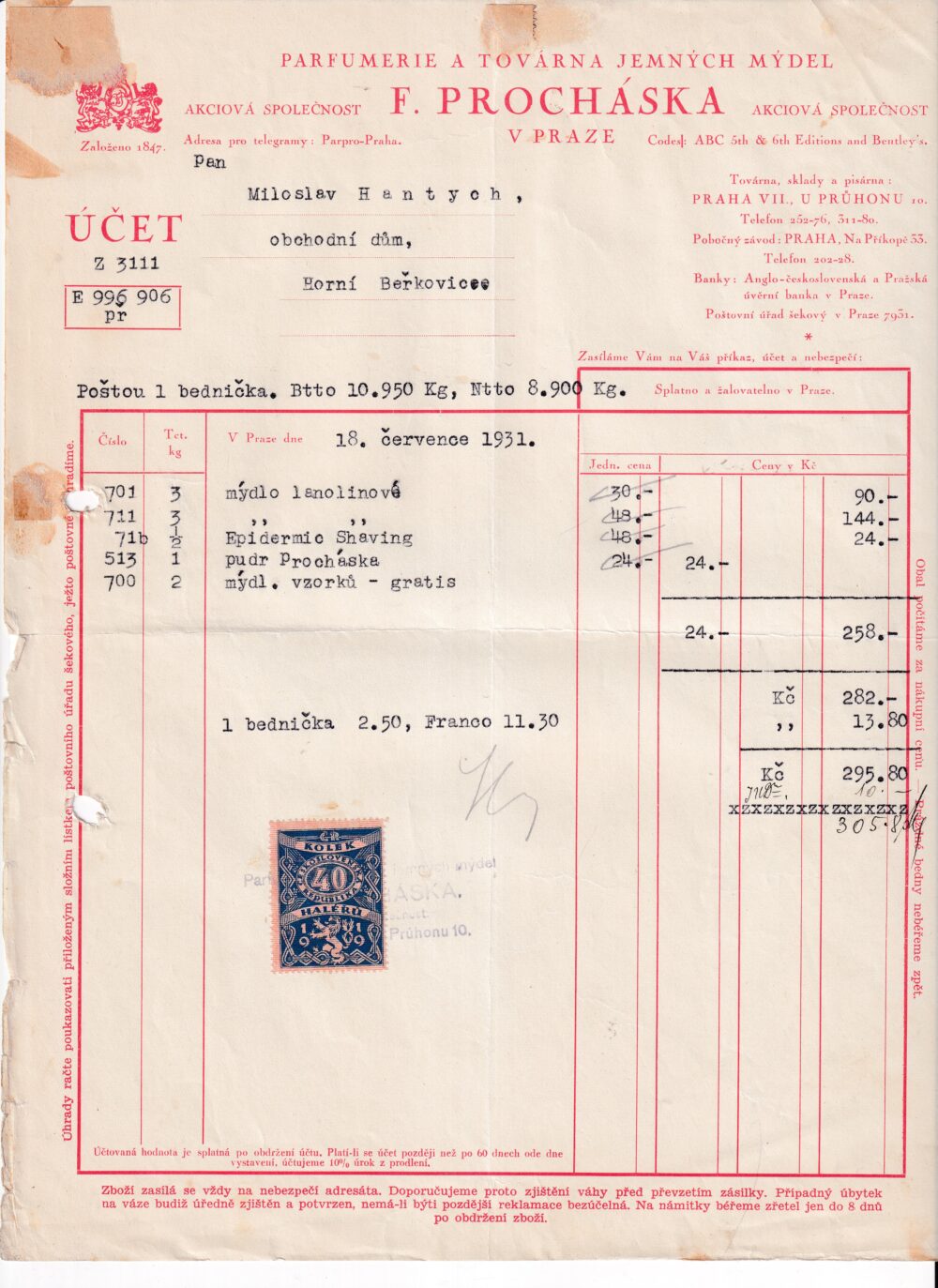 Účet, Parfumerie, mýdla, Praha, 1931