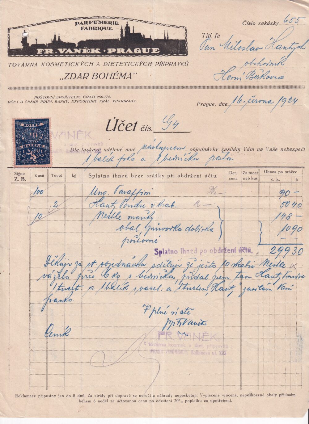 Účet, Parfumerie, mýdla, Praha, 1924