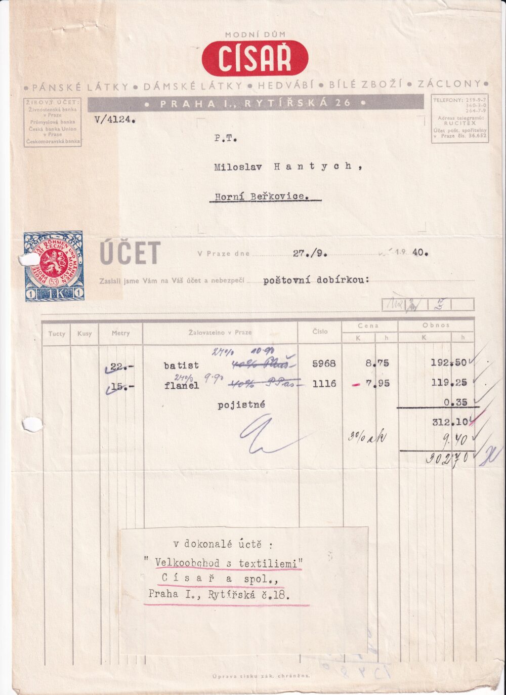 Účet, Módní dům Císař, Praha, 1940