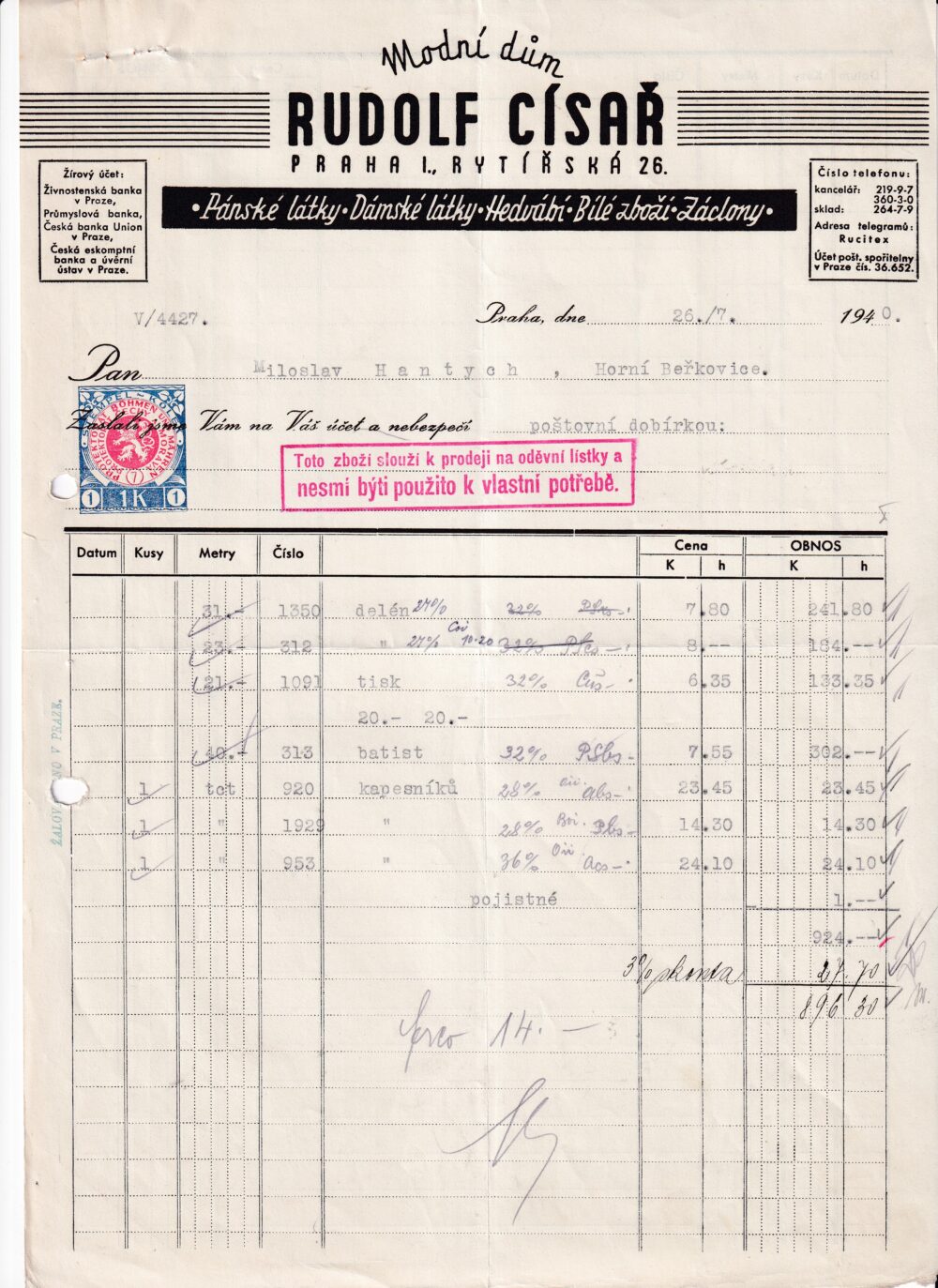 Účet, Módní dům Císař, Praha, 1940