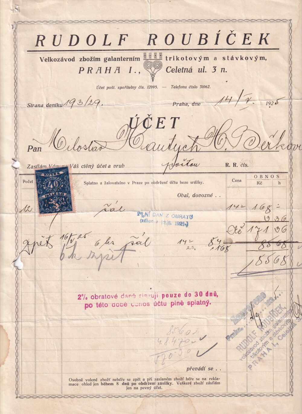 Účet, Velkozávod zbožím galanterní, Praha, 1925