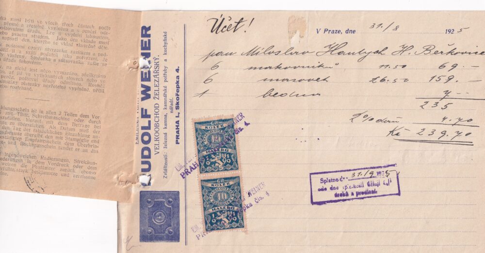 Účet, Velkoobchod železářský, Praha, 1925