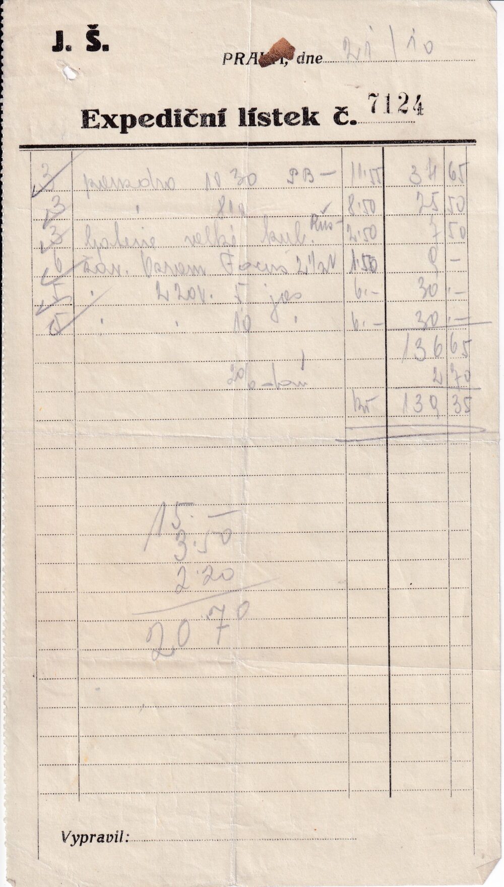 Účet, Expediční lístek, Praha
