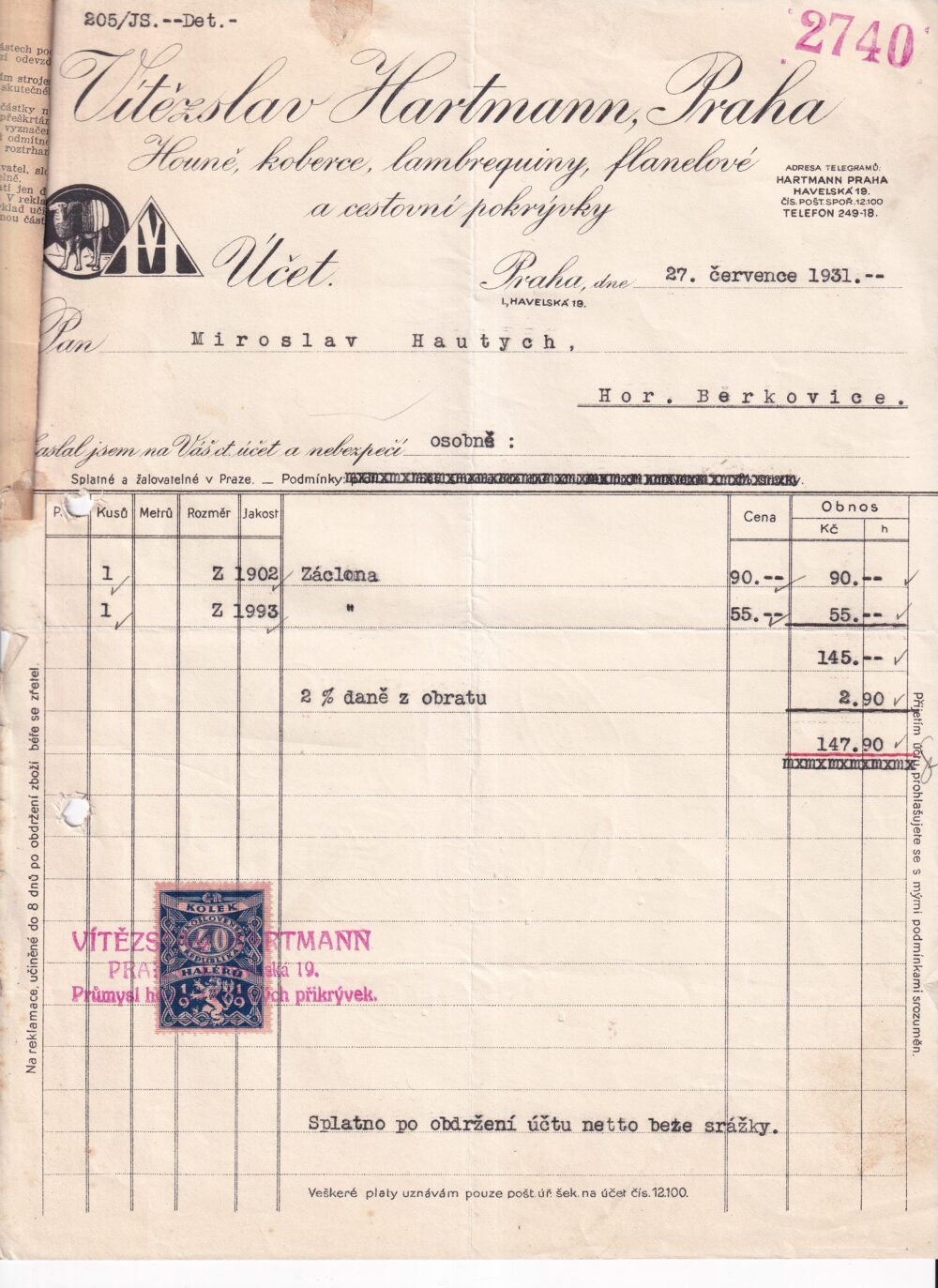 Účet, Flanelové a cestovní pokrývky, 1931