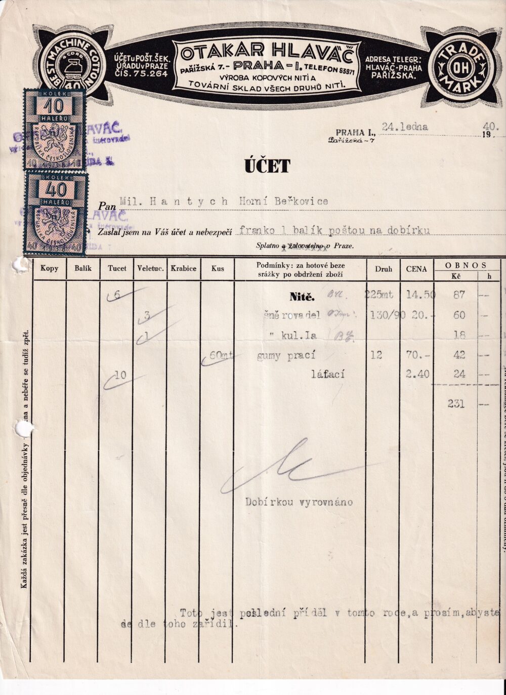 Účet, Otakar Hlavač, galanterie, Praha, 1940