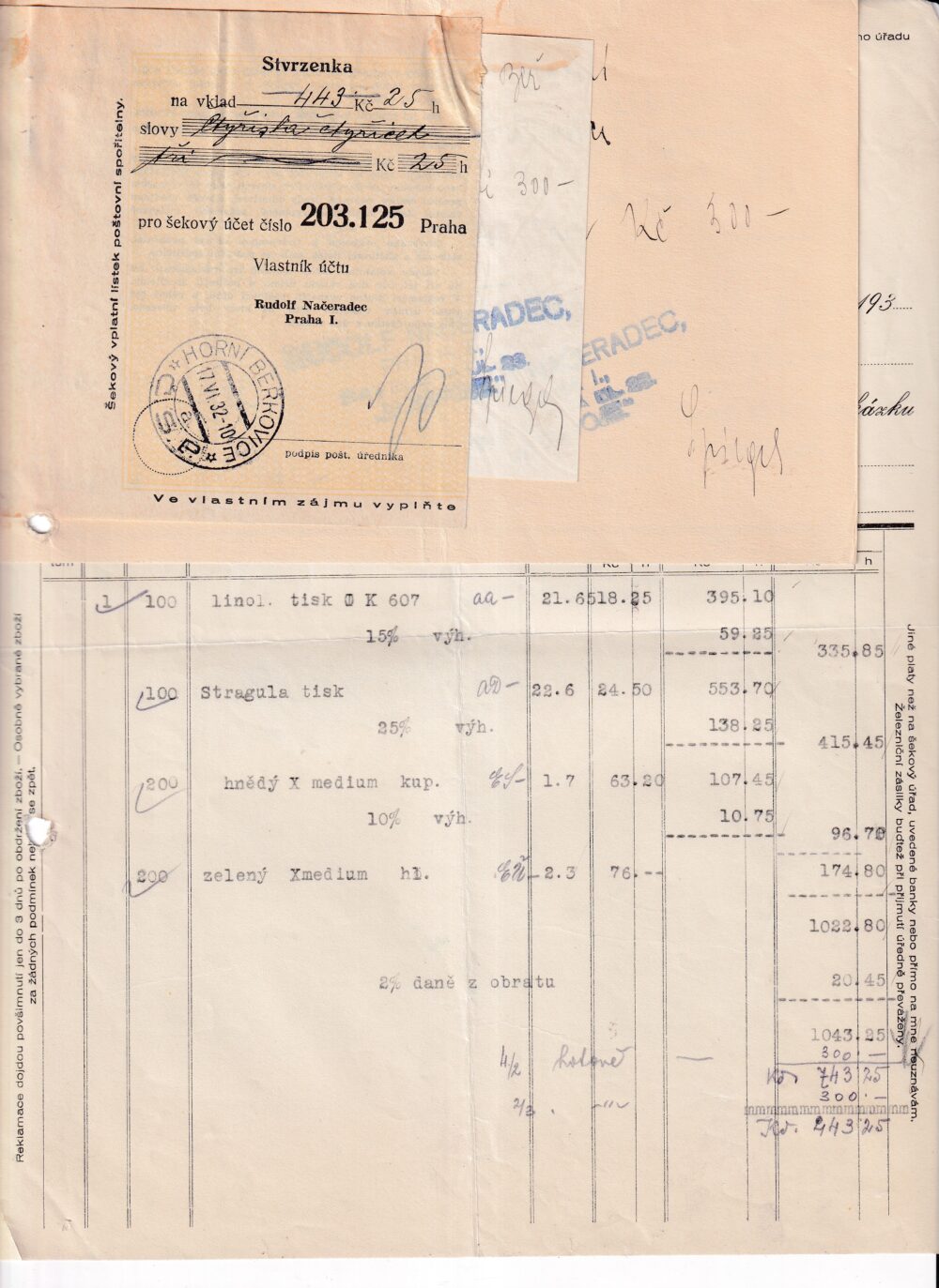 Účet, Voskované kožené plátna, Praha, 1931