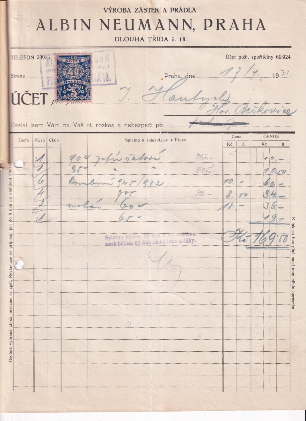 Účet, Výroba zástěr a prádla, Praha, 1931