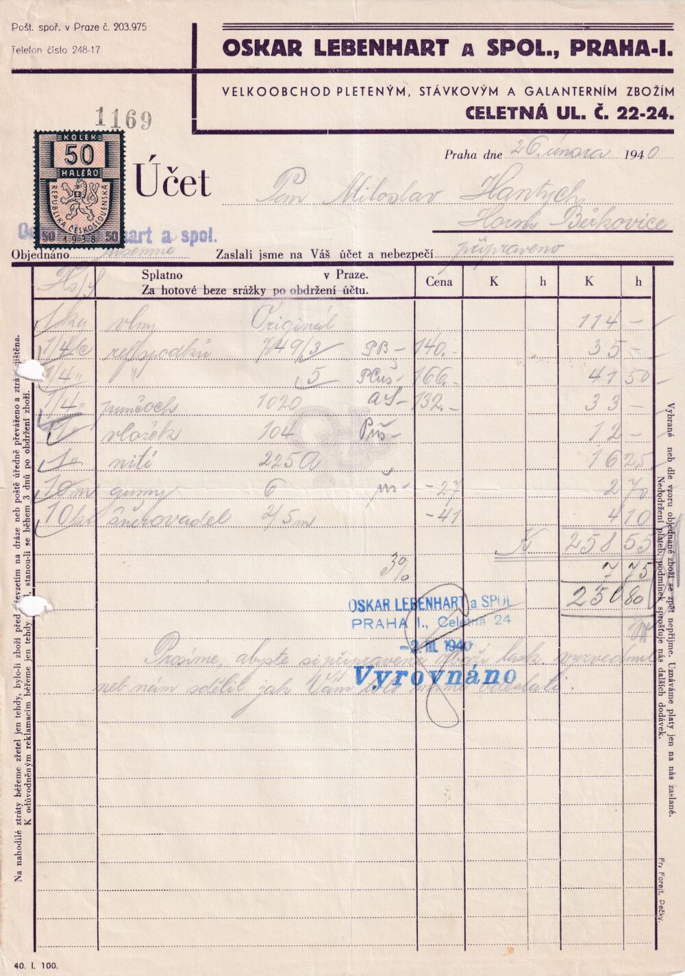 Účet, Velkoobchod galanterie, Praha, 1940