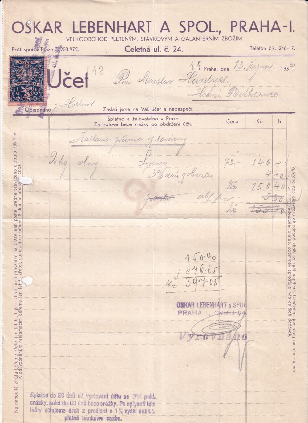 Účet, Velkoobchod galanterie, Praha, 1932