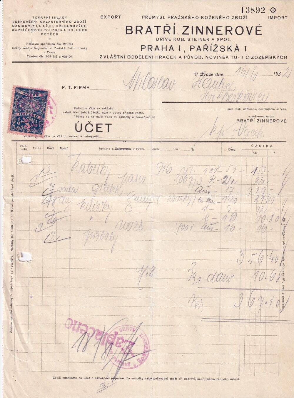 Účet, Kožené zboží, Praha, 1932