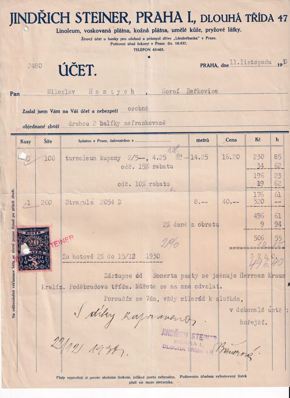 Účet, voskované, kožené látky, Praha, 1930