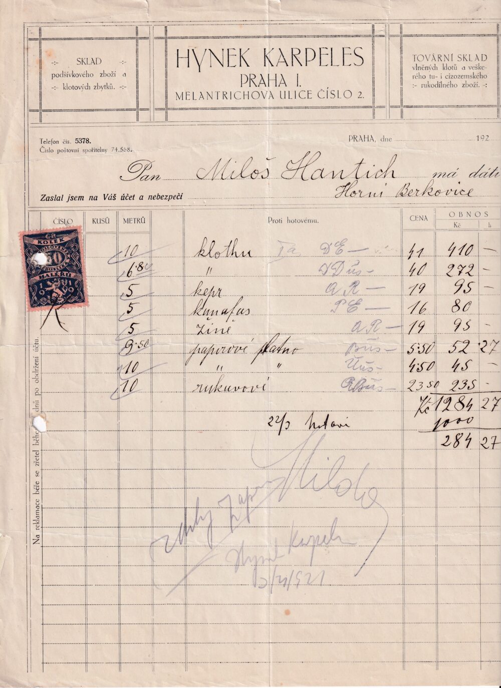 Účet, Látky a galanterie, Praha, 1923