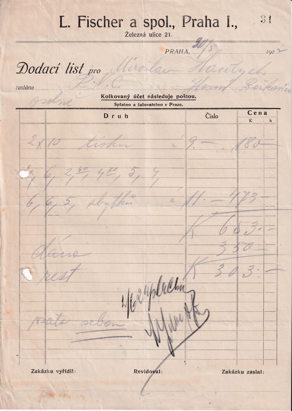 Účet, L. Fischer a spol. Praha, 1922