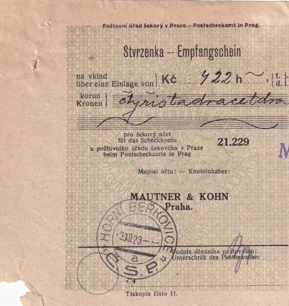 Účet, Stvrzenka, Mautner-Kohn, Praha