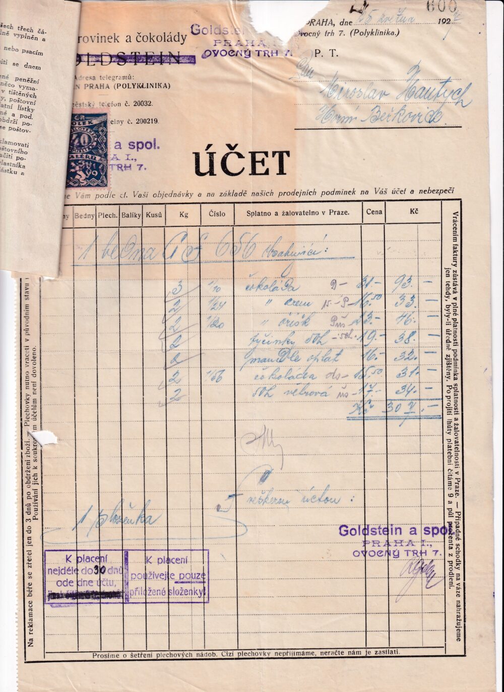 Účet, Cukrovinky, čokolády, Praha, 1927