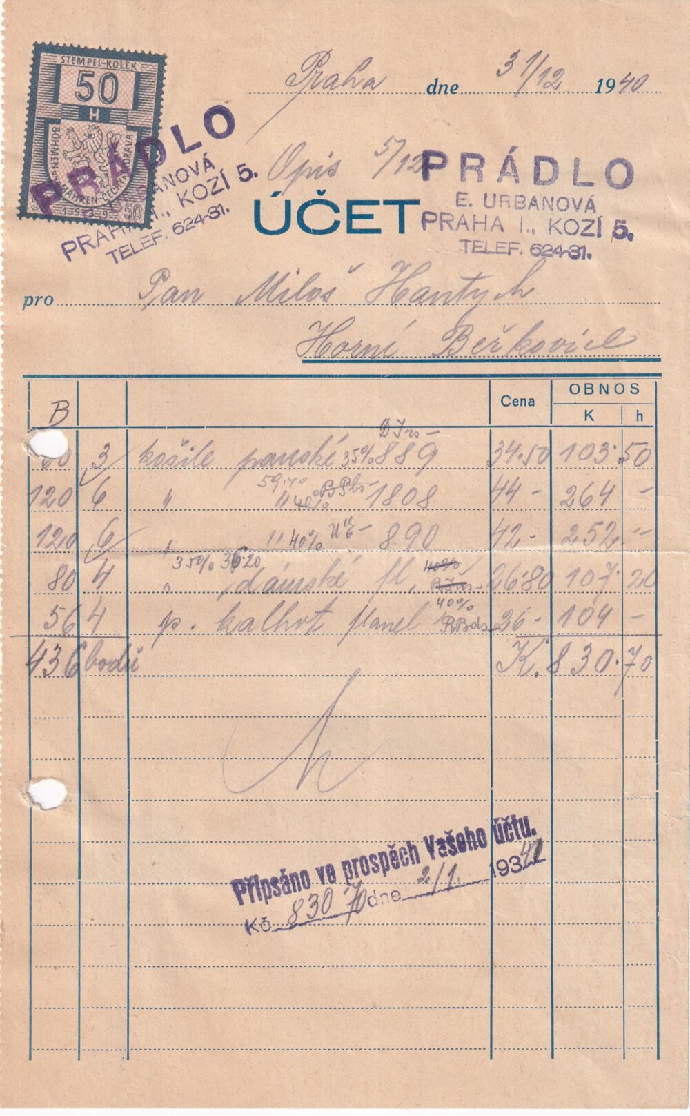 Účet, Prádlo E. Urbánková, Praha, 1940