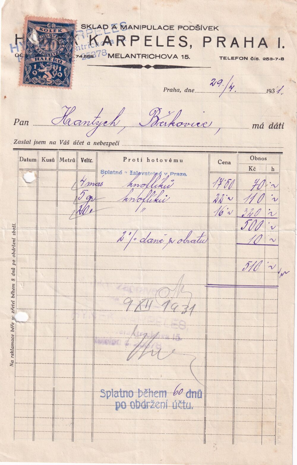Účet, sklad a manipulace podšívek, Praha, 1931
