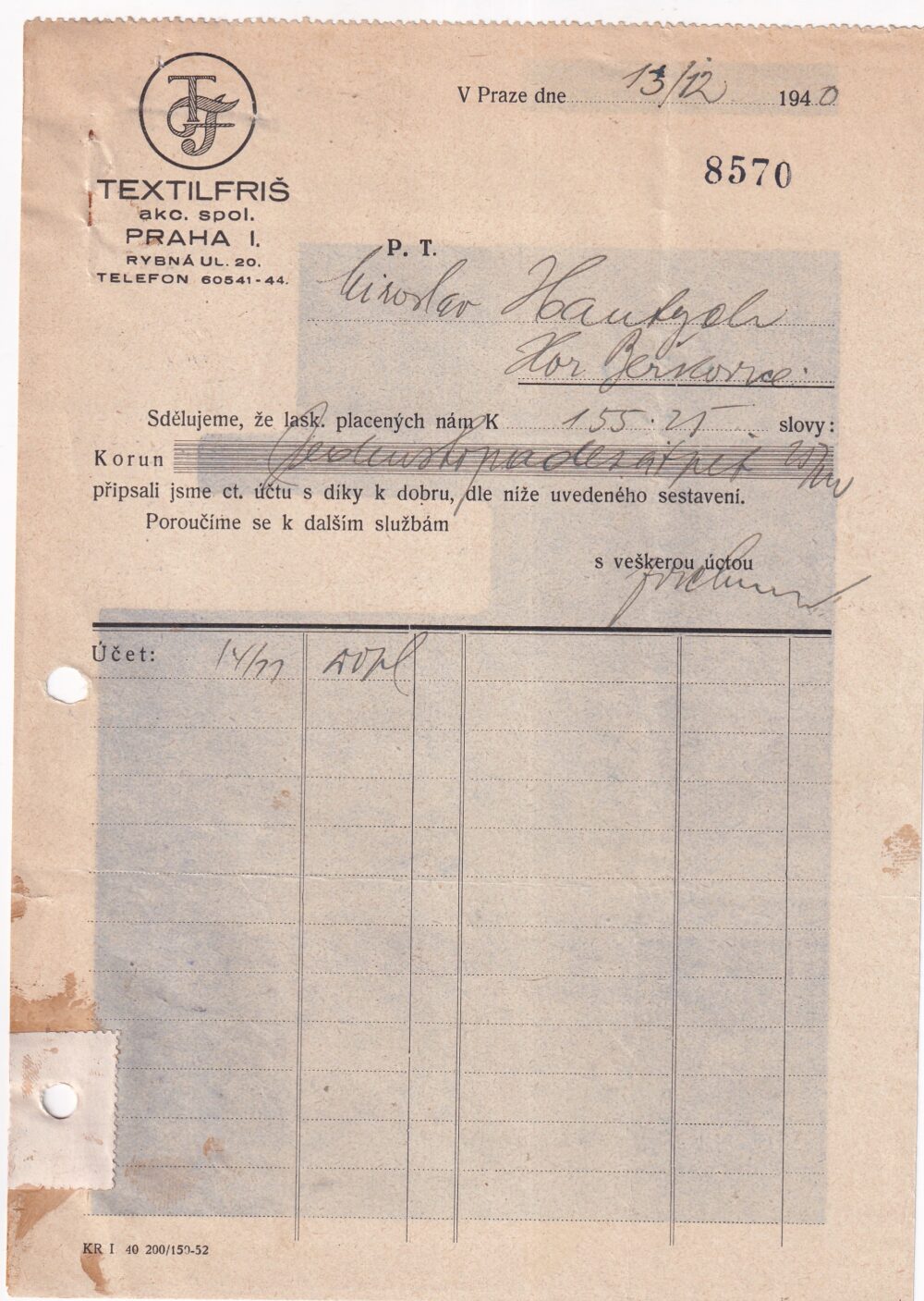 Účet, Textilfriš, Praha, 1940