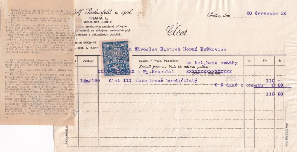 Účet, Clot, bordo-zlatý, Praha, 1926