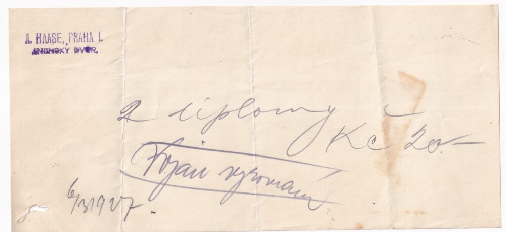 Účet, A. Hasse, Praha, 1927