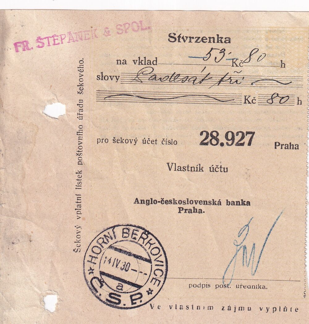 Účet, Stvrzenka, Anglo-československá banka