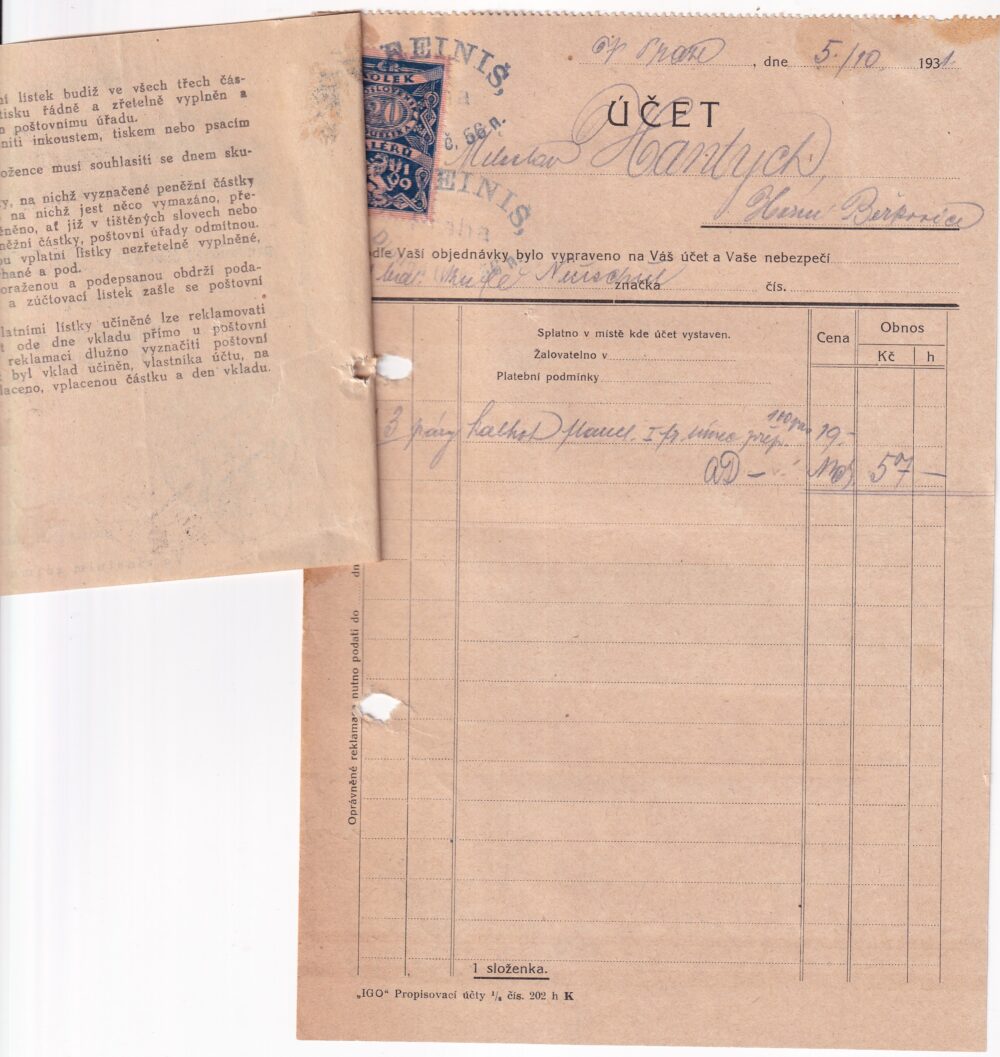 Účet, Flanelové kalhoty, Praha, 1931