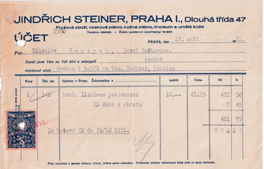 Účet, Voskované kožené plátna, Praha, 1931