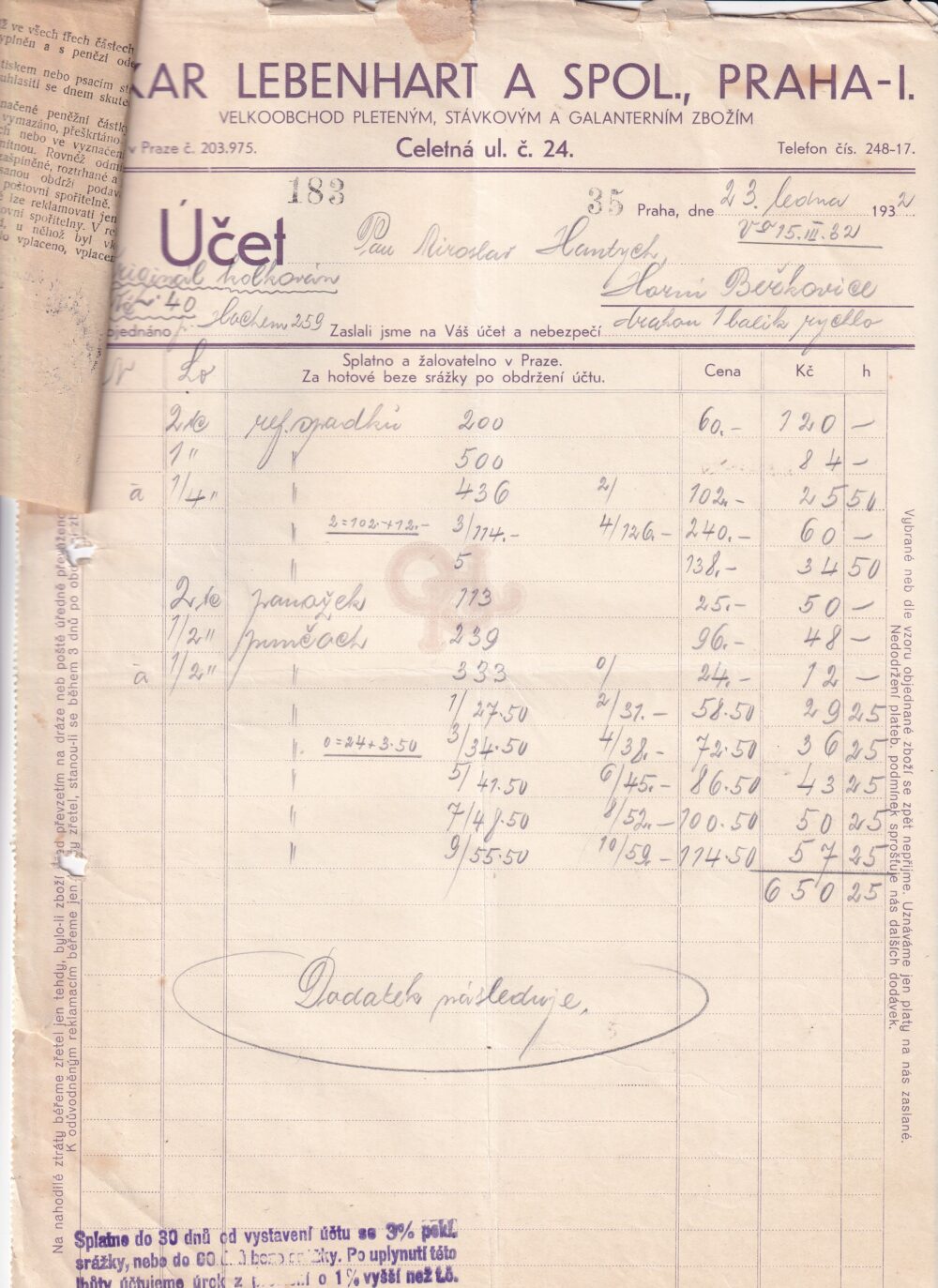 Účet, Stávkové zboží a galanterie, Praha, 1932