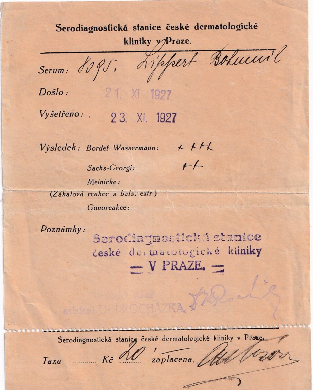 Účet, Serodiagnostická stanice, 1927